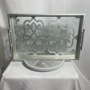 Decorative Serving Tray Silver White Cutout Glass Bottom Handles 17in